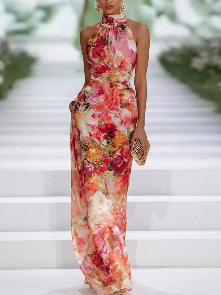 Floral Wedding Guest Maxi Dress with Halter Neck in red