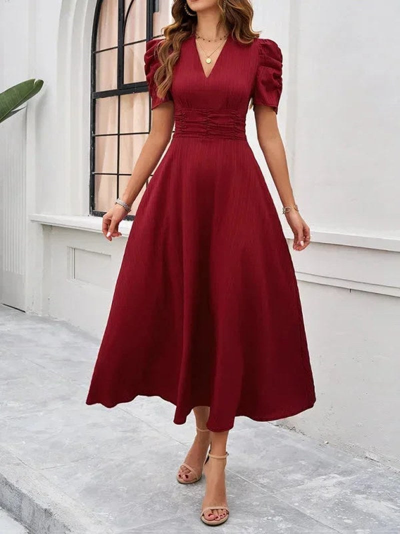 Jarrah — V Neck Puff Sleeve Midi Dress for Women