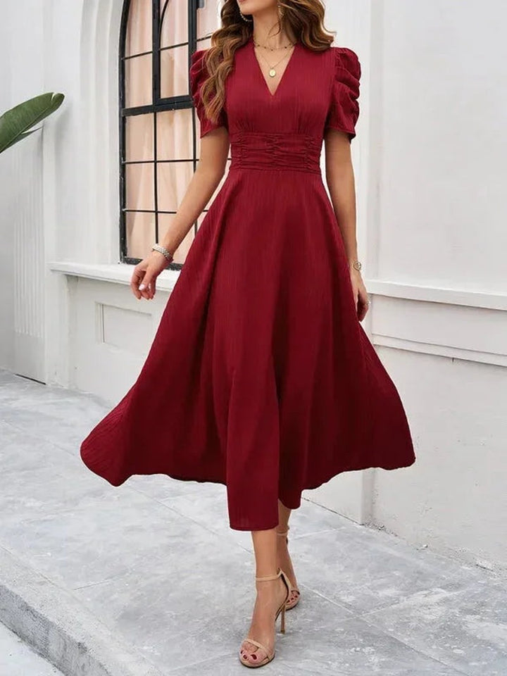Jarrah — V Neck Puff Sleeve Midi Dress for Women