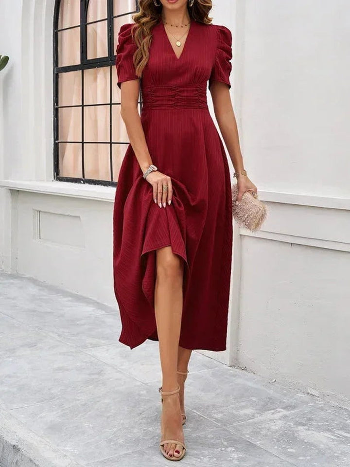 Jarrah — V Neck Puff Sleeve Midi Dress for Women