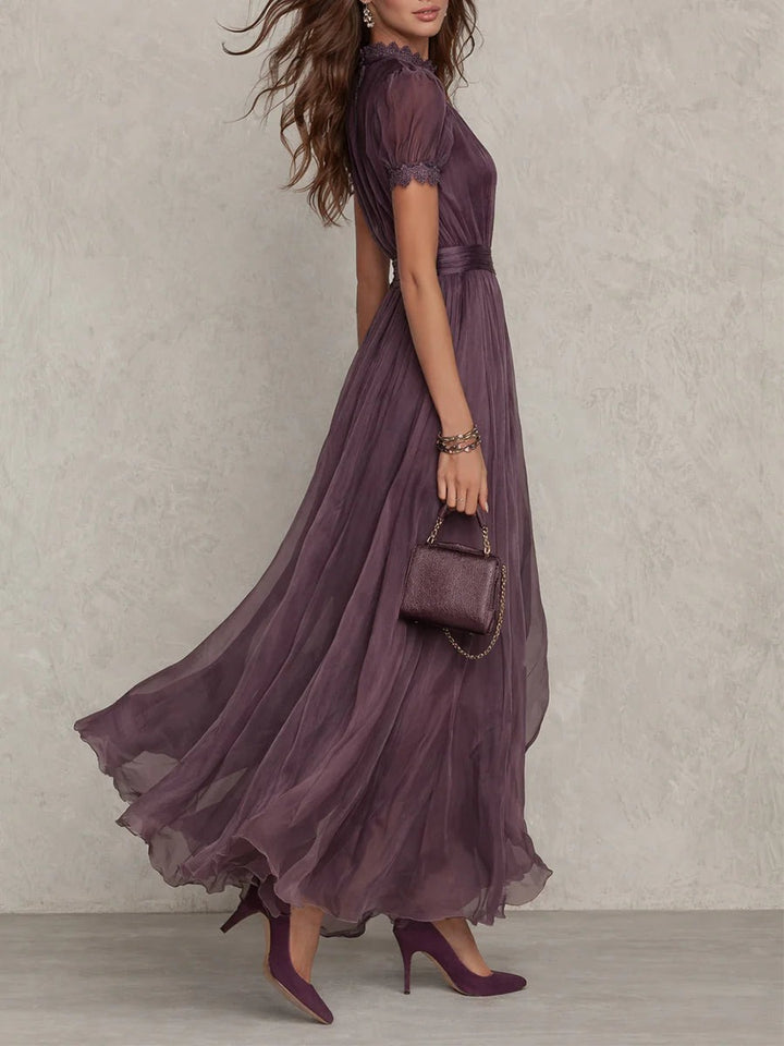 Purple Maxi Dress with Keyhole and Puff Sleeves