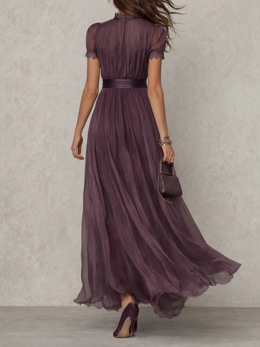 Purple Maxi Dress with Keyhole and Puff Sleeves