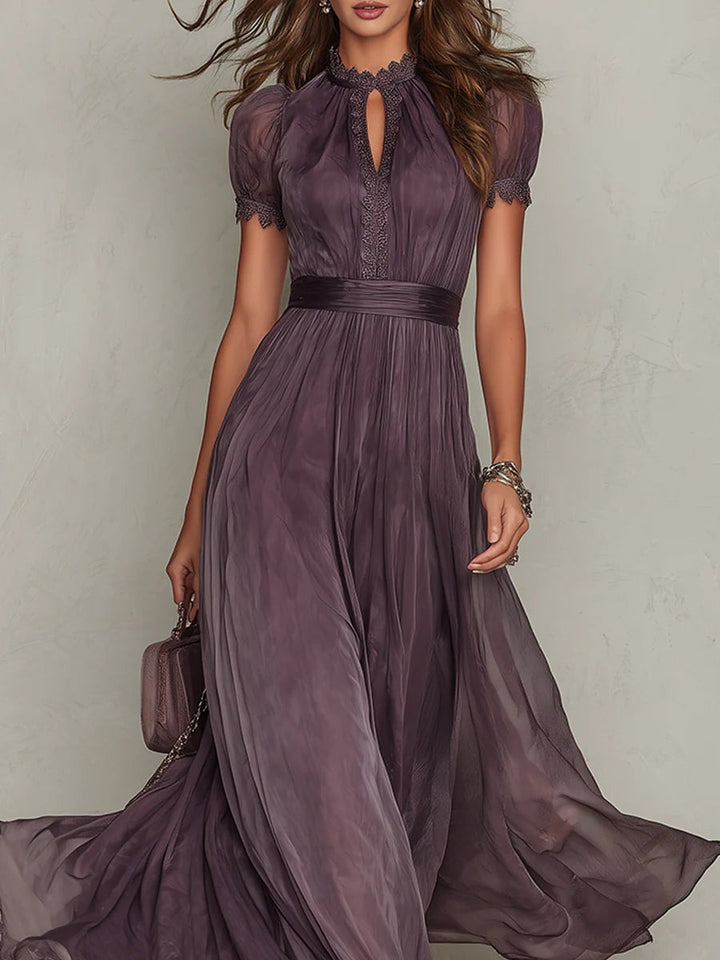 Purple Maxi Dress with Keyhole and Puff Sleeves