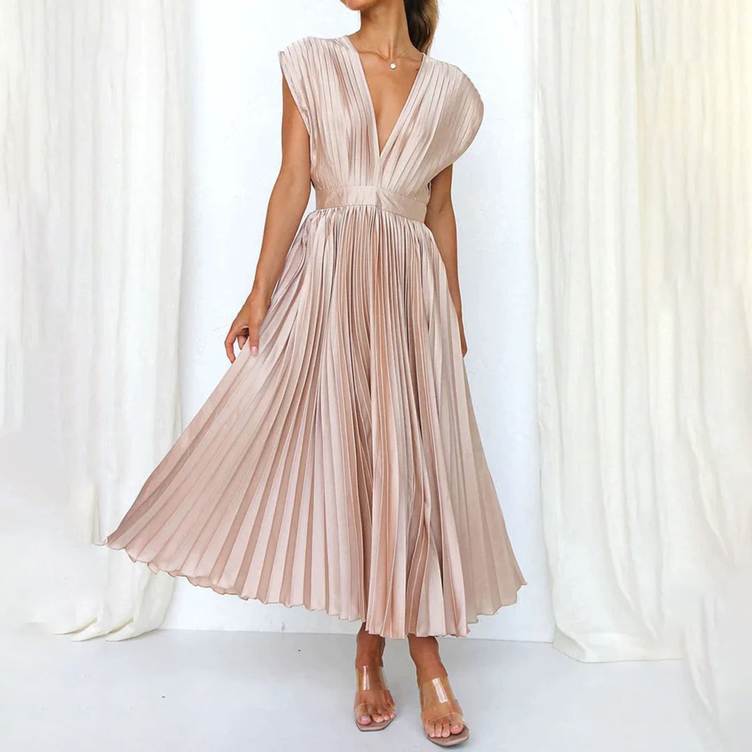 Pleated Midi Dress with Deep V Neck in champagne