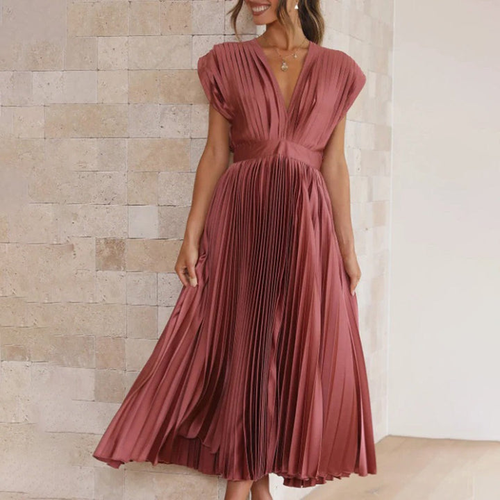 Pleated Midi Dress with Deep V Neck in dusty rose