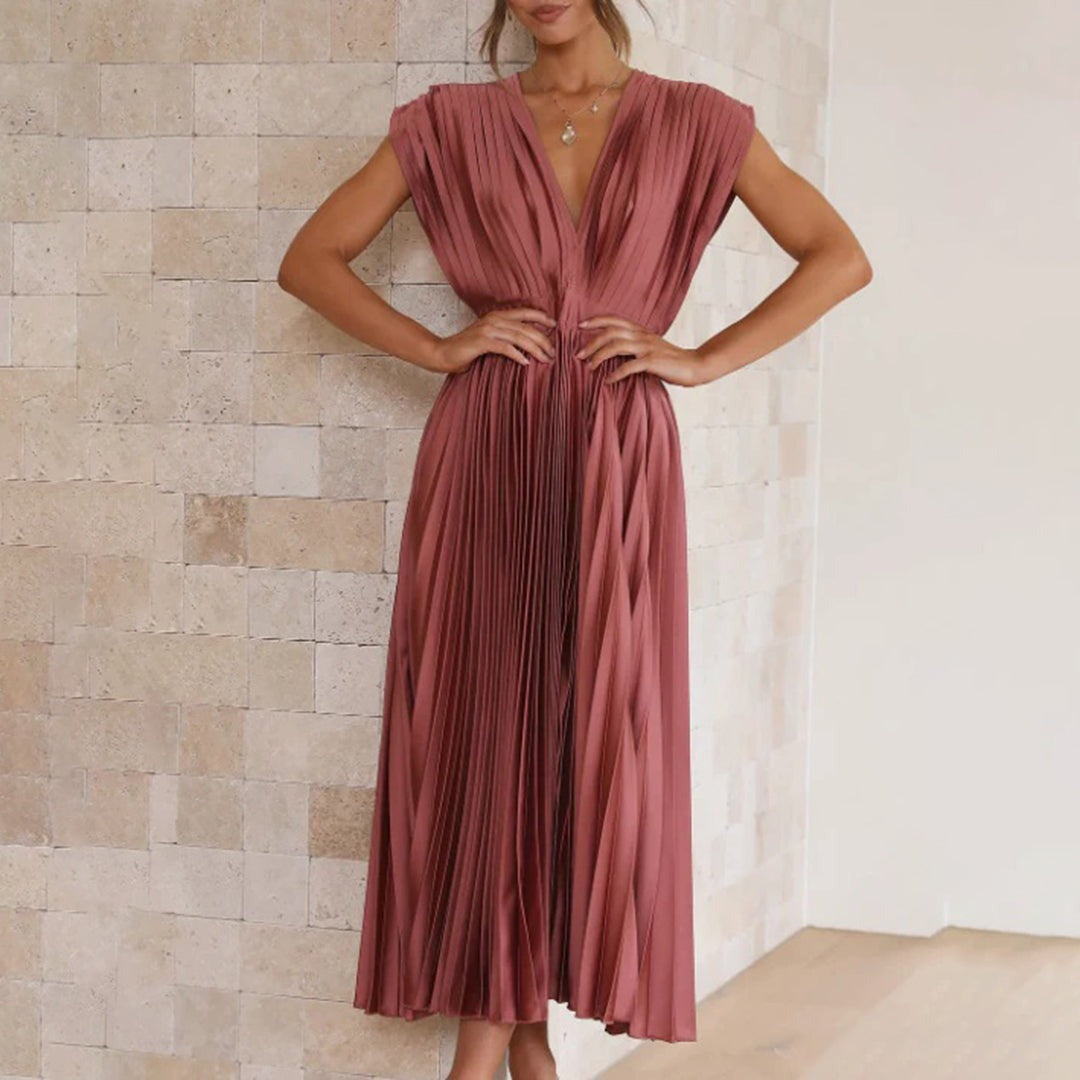 Pleated Midi Dress with Deep V Neck