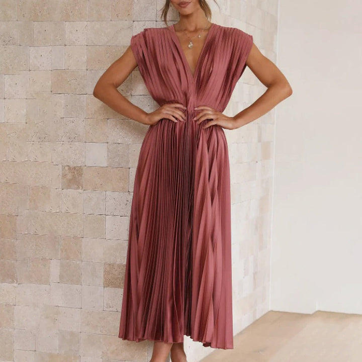 Pleated Midi Dress with Deep V Neck