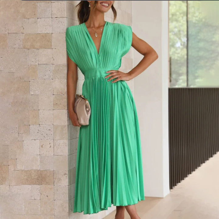 Pleated Midi Dress with Deep V Neck in green