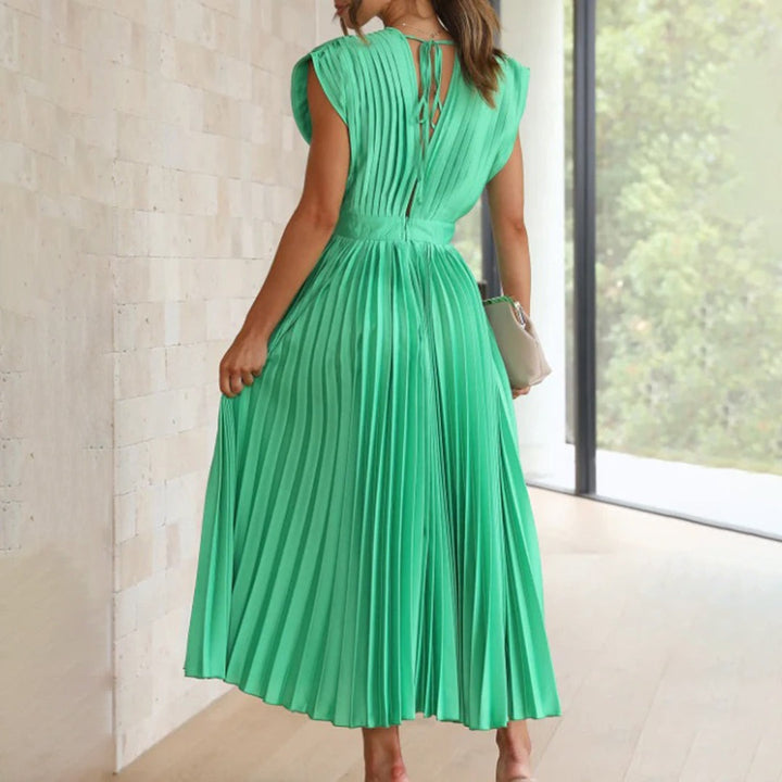 Pleated Midi Dress with Deep V Neck