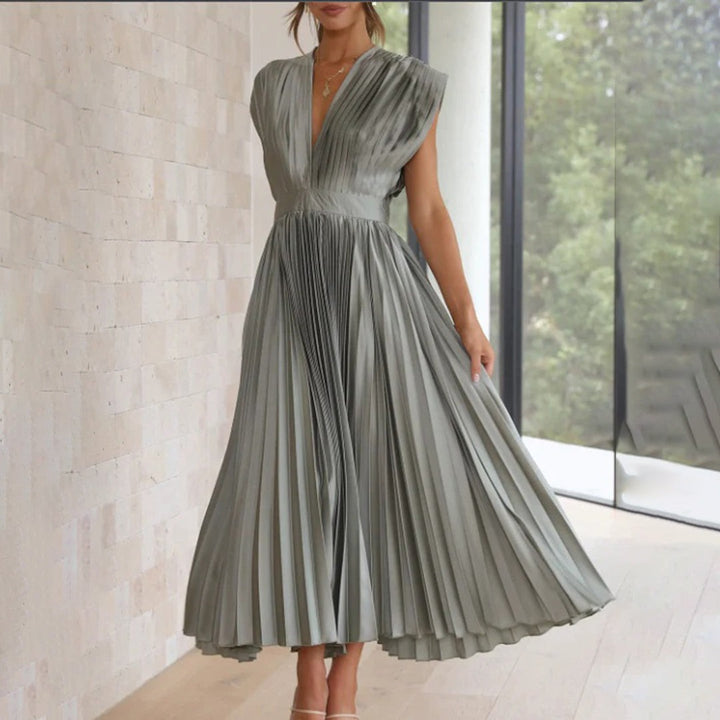 Pleated Midi Dress with Deep V Neck in sage