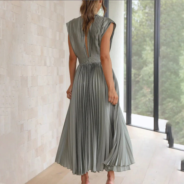 Pleated Midi Dress with Deep V Neck