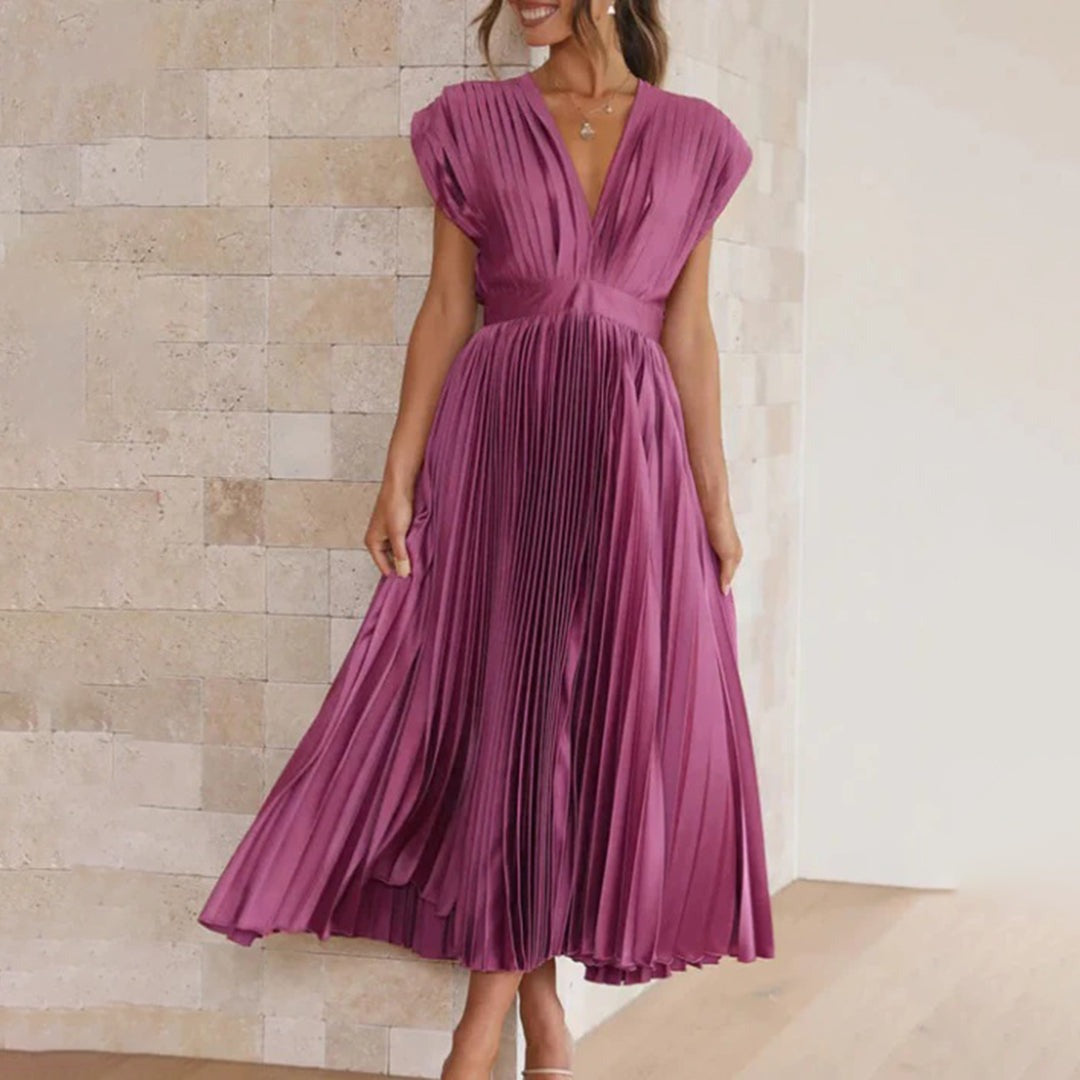 Pleated Midi Dress with Deep V Neck in plum