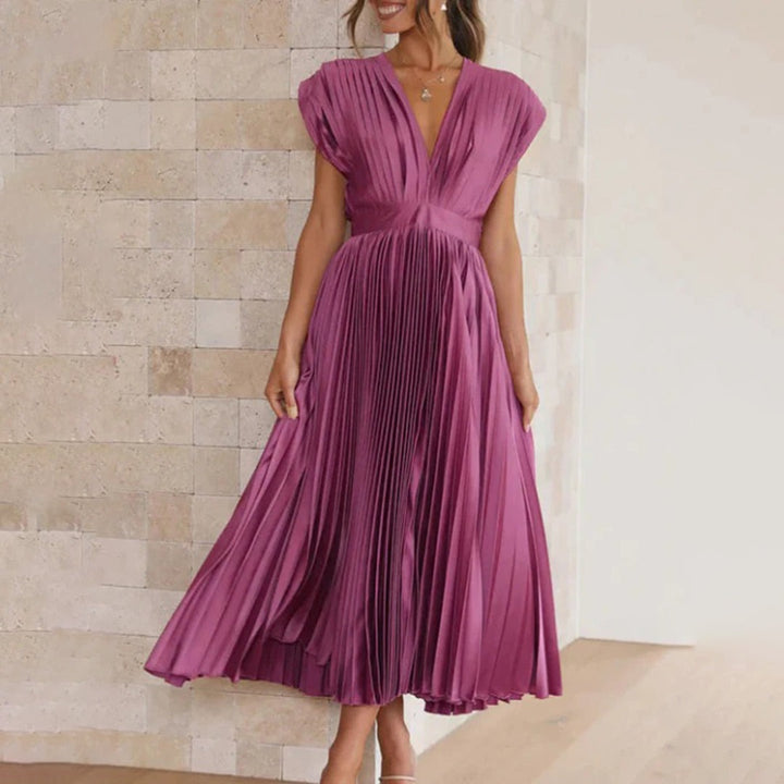 Pleated Midi Dress with Deep V Neck in plum