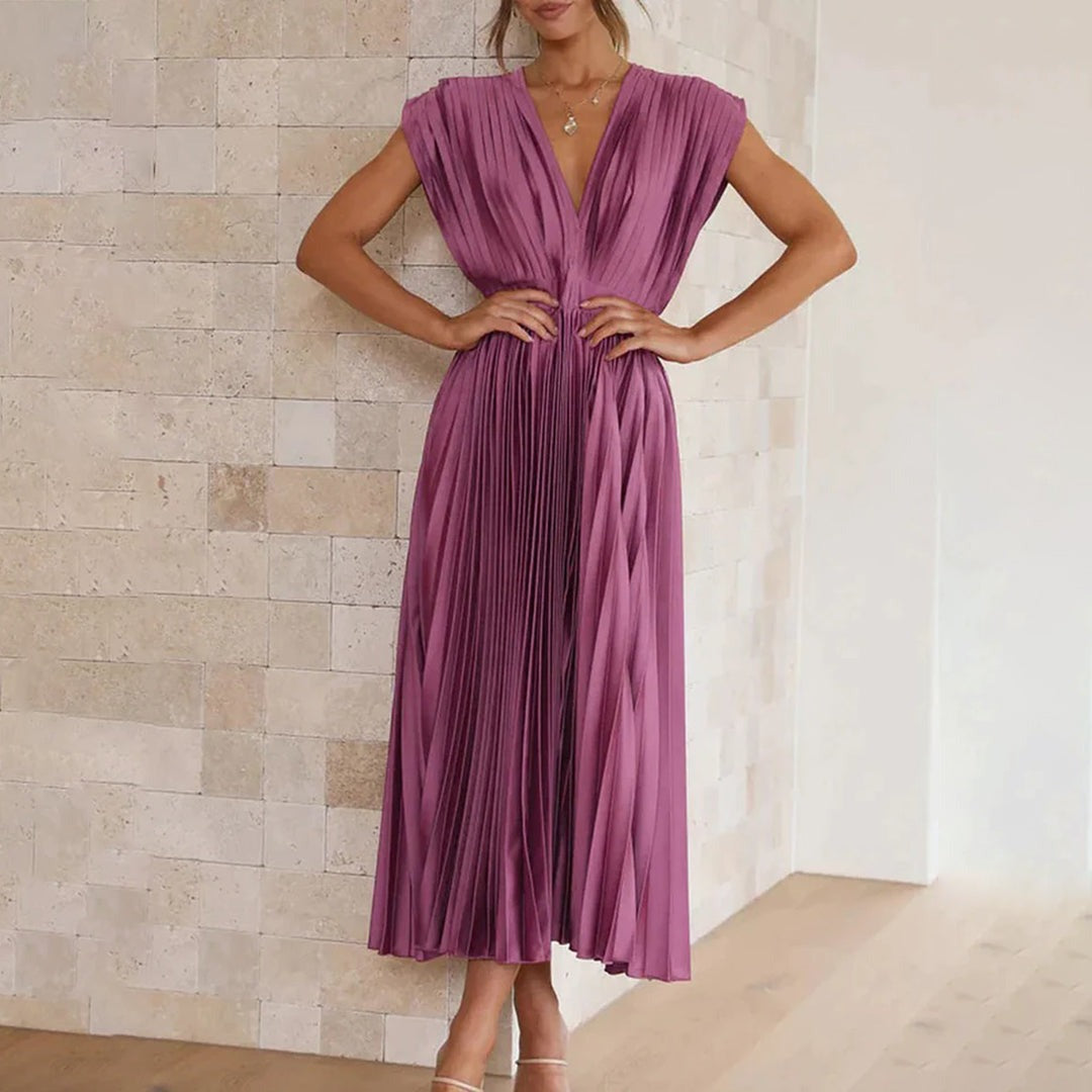 Pleated Midi Dress with Deep V Neck