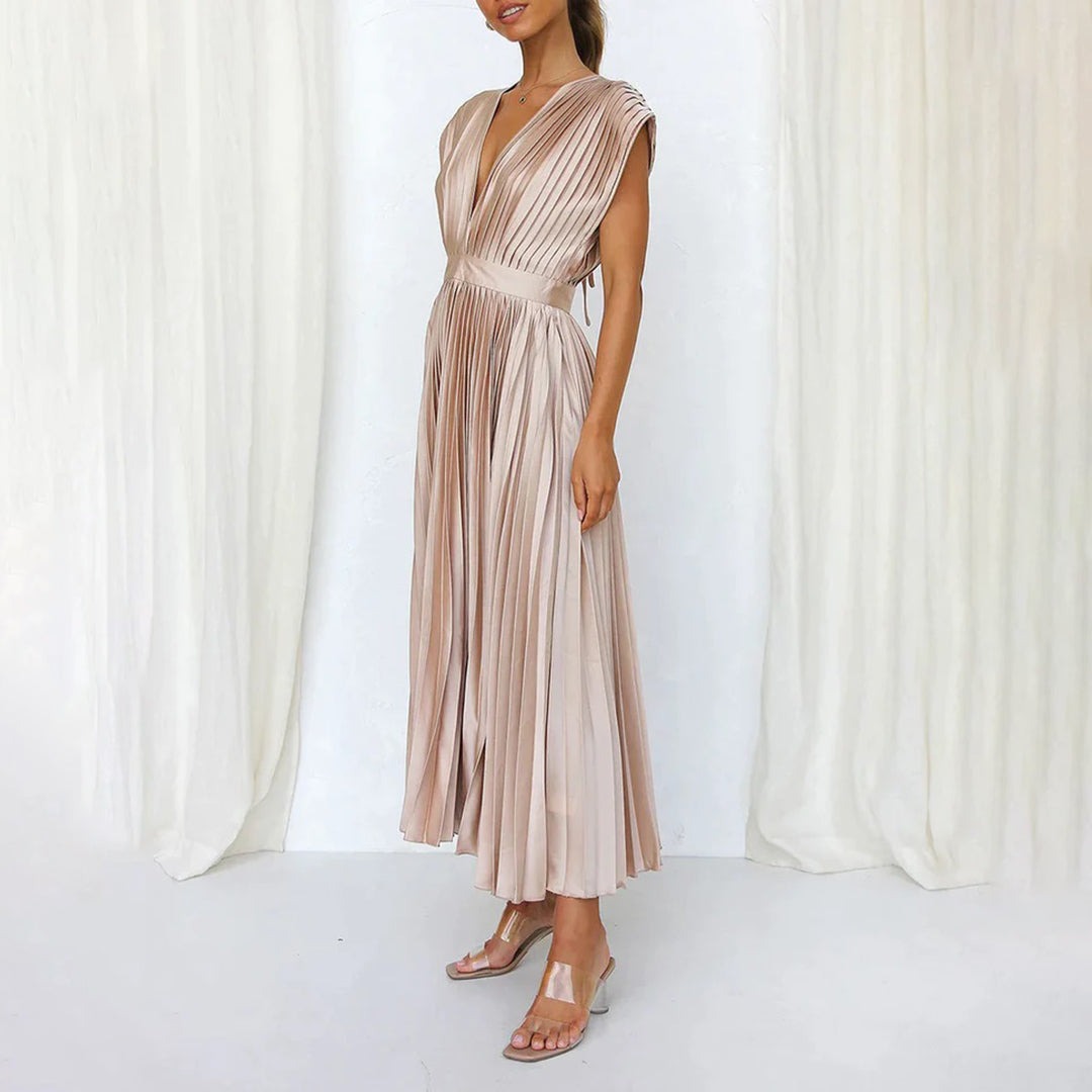 Pleated Midi Dress with Deep V Neck