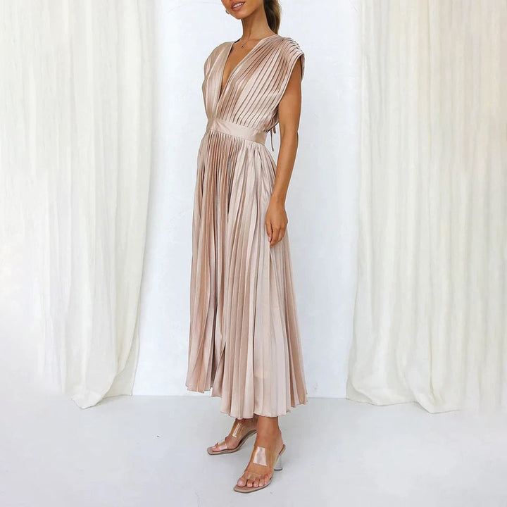 Pleated Midi Dress with Deep V Neck