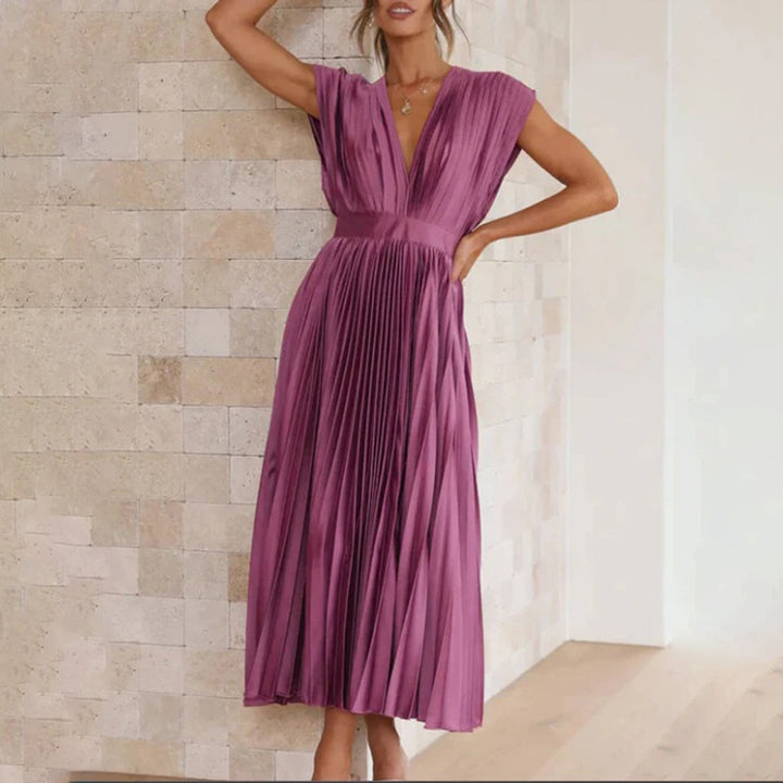 Pleated Midi Dress with Deep V Neck