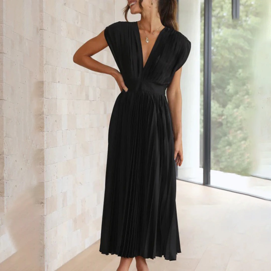 Pleated Midi Dress with Deep V Neck