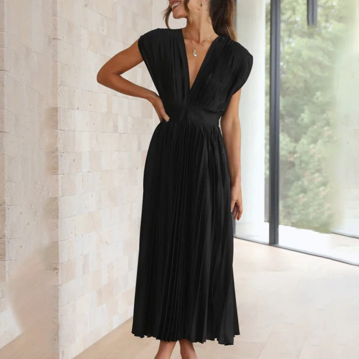 Pleated Midi Dress with Deep V Neck