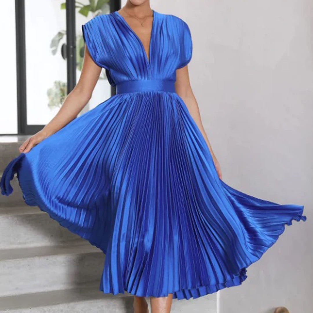 Pleated Midi Dress with Deep V Neck in blue