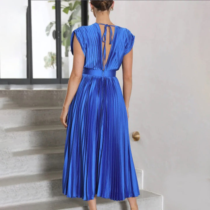 Pleated Midi Dress with Deep V Neck