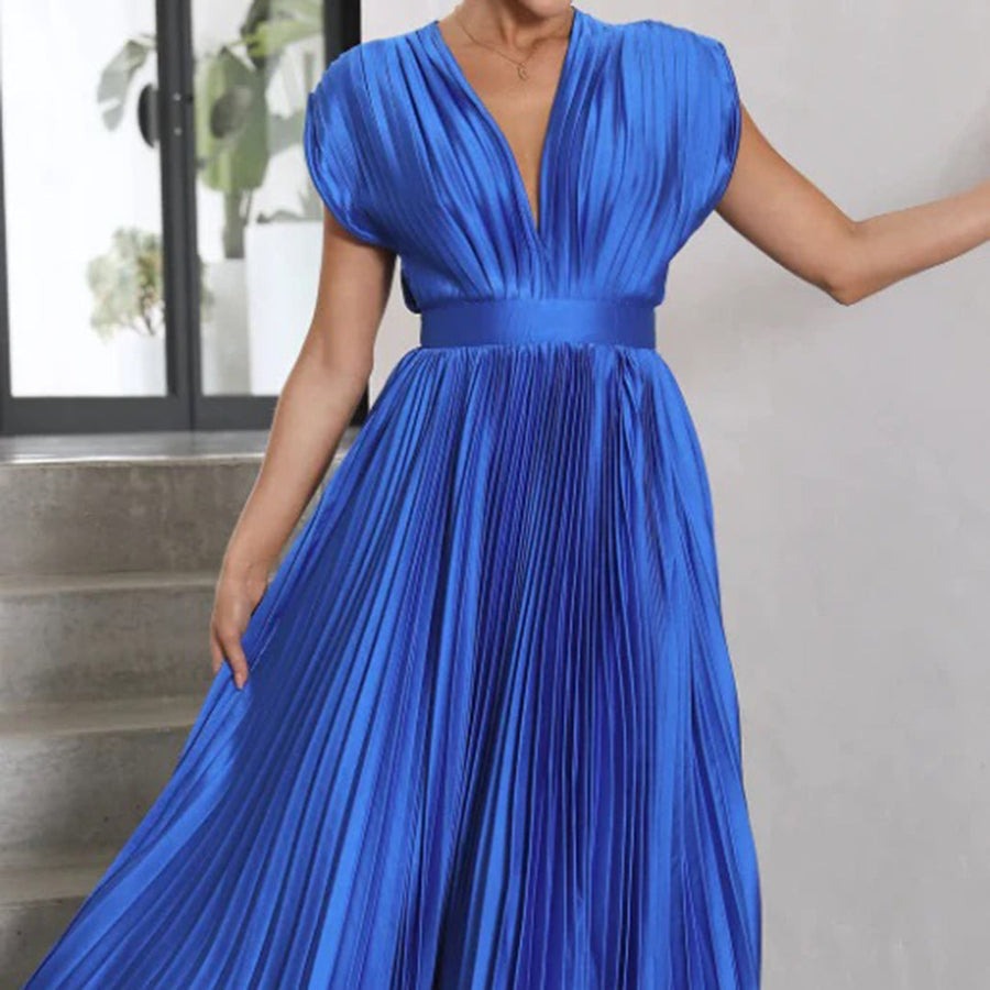 Pleated Midi Dress with Deep V Neck