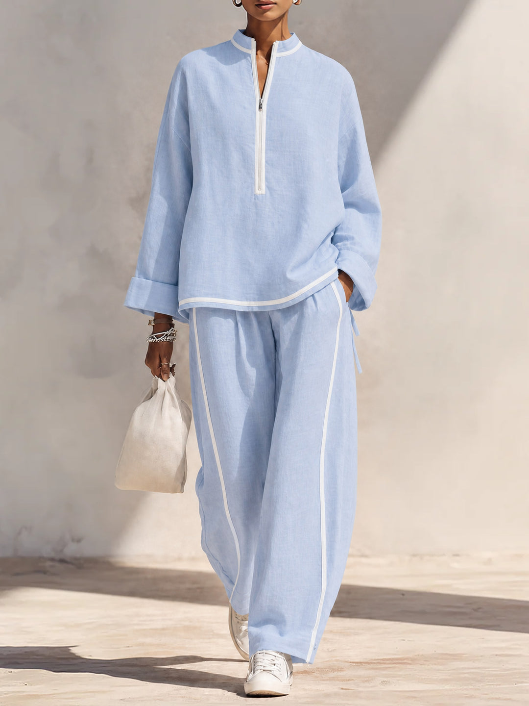 Wynne — Half Zip Linen Two Piece Set, Avelony