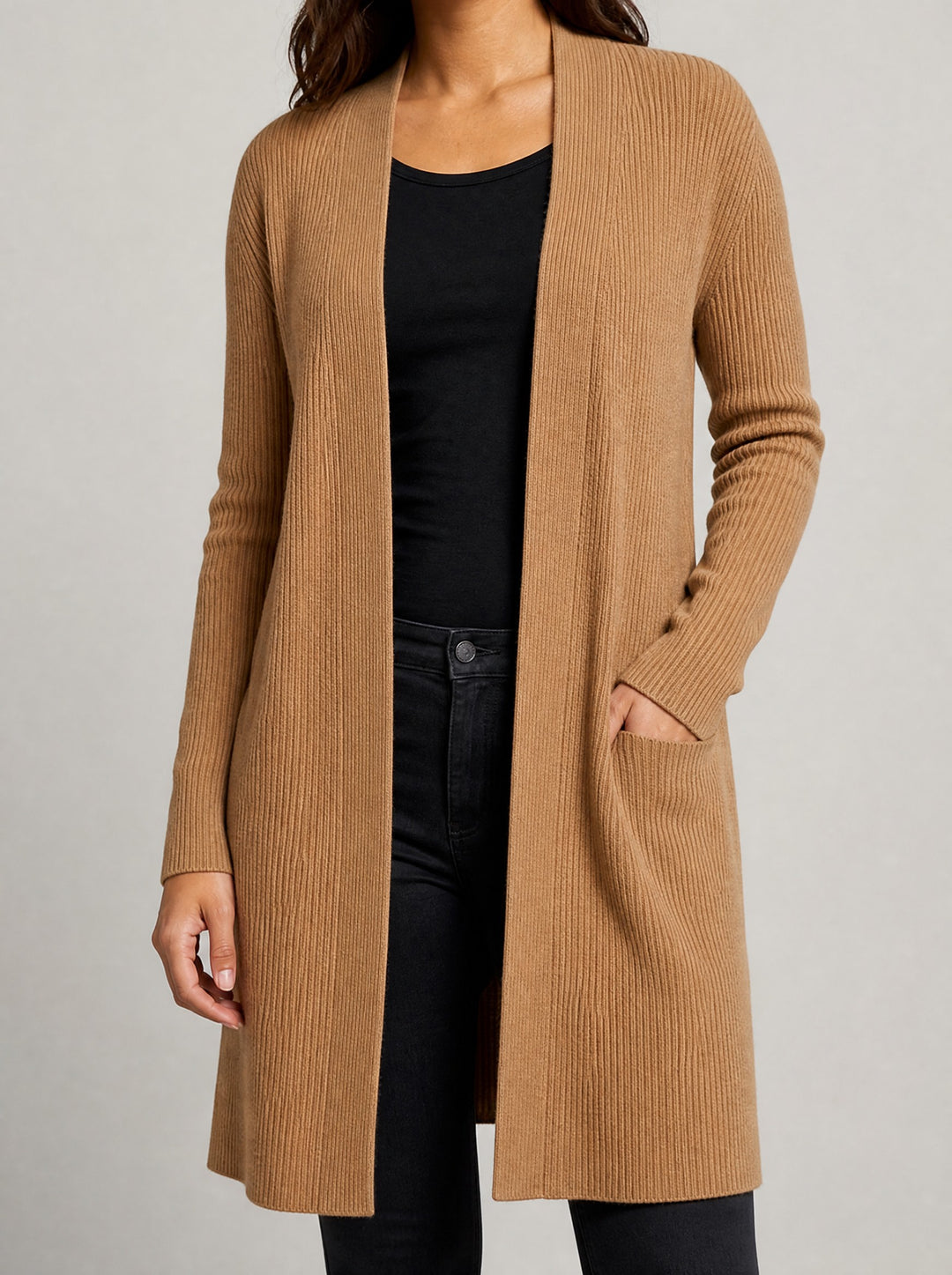 Odette | Ribbed Longline Open Cardigan for Women - Camel