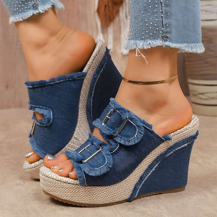 Caleva — Caleva | Chunky Denim Slides for Women with Wedge Sole, Moda Lodz