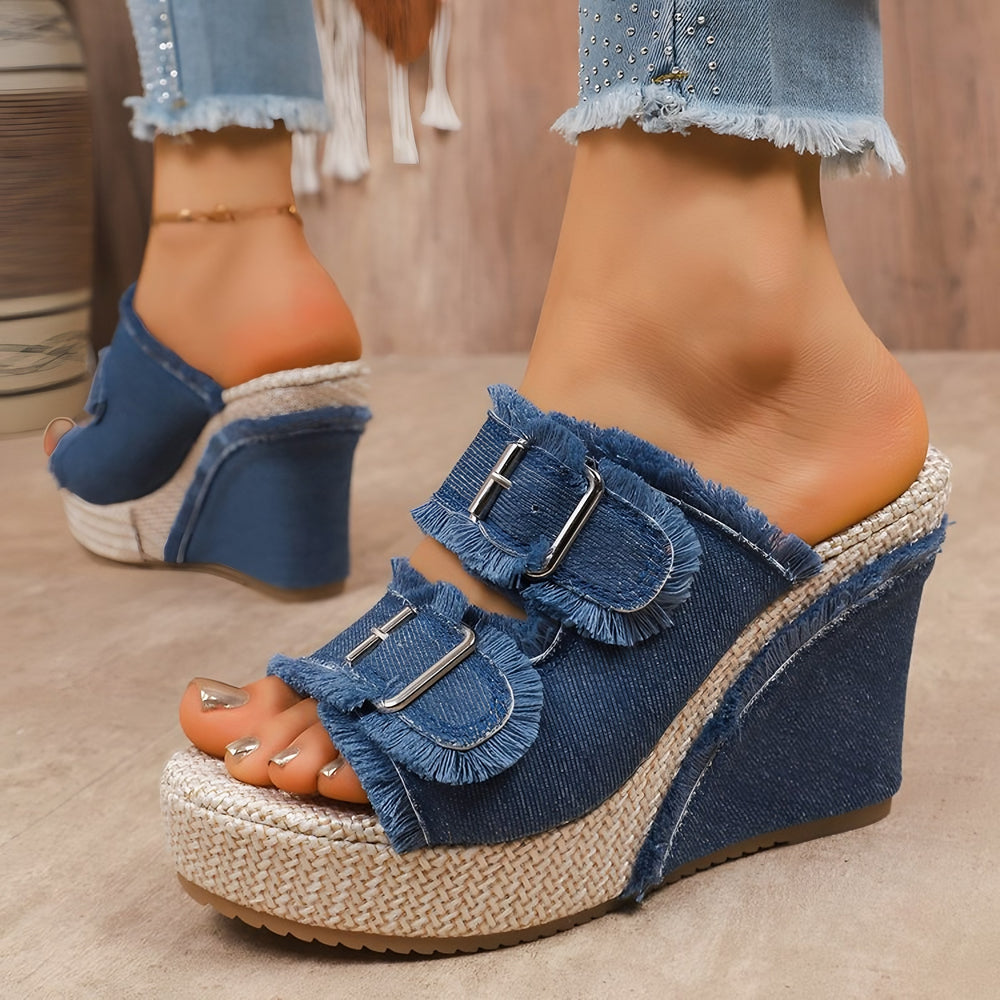 Caleva — Caleva | Chunky Denim Slides for Women with Wedge Sole, Moda Lodz
