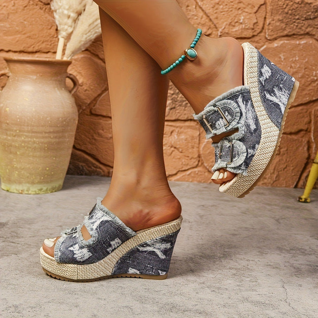 Caleva — Caleva | Chunky Denim Slides for Women with Wedge Sole, Moda Lodz