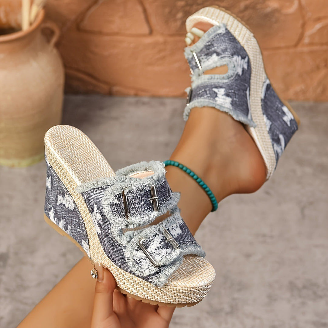 Caleva — Caleva | Chunky Denim Slides for Women with Wedge Sole, Moda Lodz