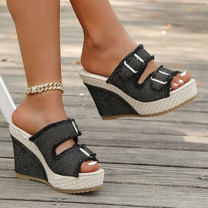 Caleva — Caleva | Chunky Denim Slides for Women with Wedge Sole, Moda Lodz
