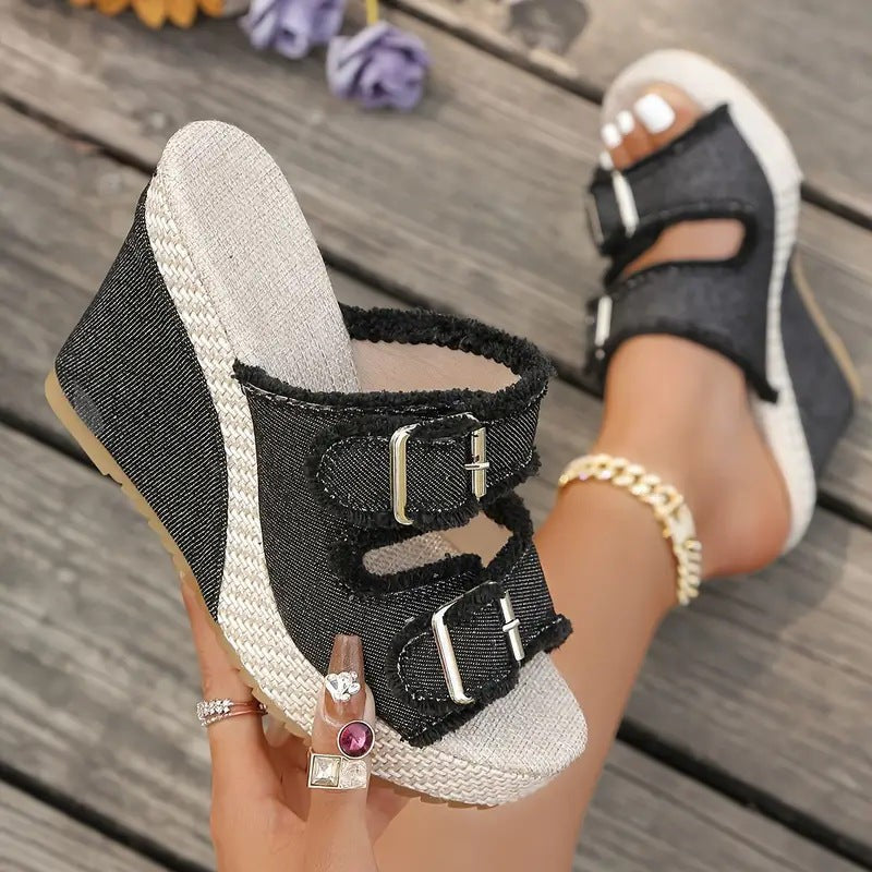 Caleva — Caleva | Chunky Denim Slides for Women with Wedge Sole, Moda Lodz