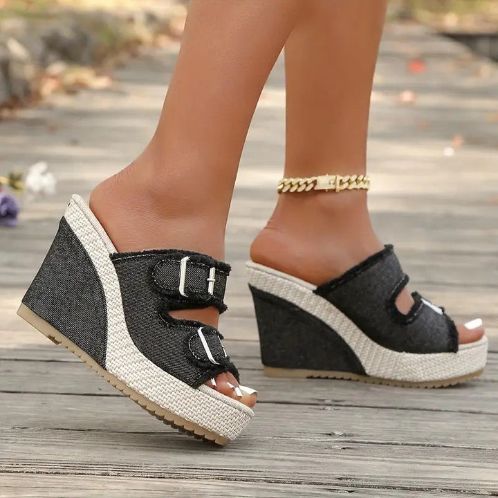 Caleva — Caleva | Chunky Denim Slides for Women with Wedge Sole, Moda Lodz