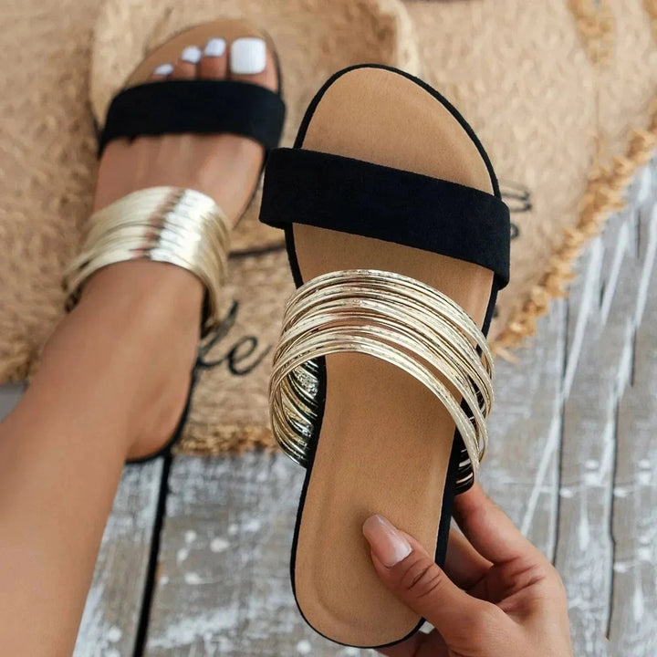 Metallic — Metallic | Flat Slides for Women with Wide Metallic Strap, Moda Lodz