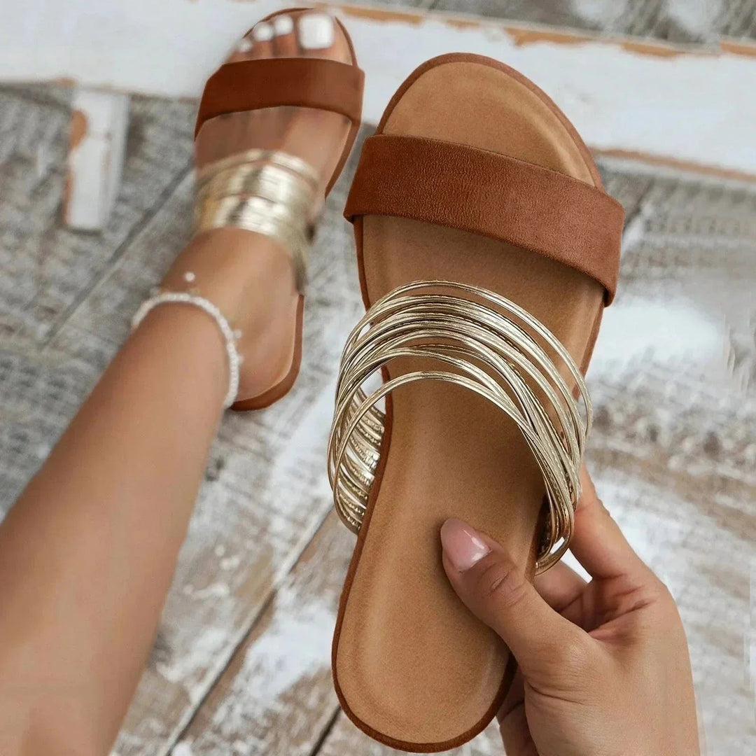 Metallic — Metallic | Flat Slides for Women with Wide Metallic Strap, Moda Lodz